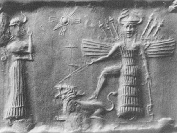 Antiguo sello cilÃ­ndrico acadio que representa a la diosa del amor mesopotÃ¡mica Inanna. (Dominio publico)