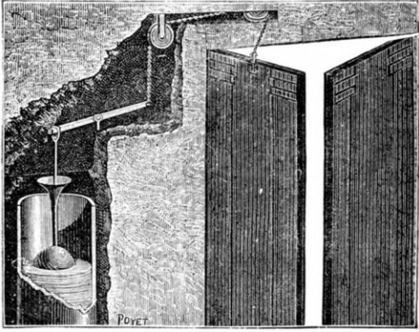 Apparatus for sounding a trumpet when the door of a temple was opened, pictured in the book “Magic, Stage Illusions and Scientific Diversions Including Trick Photography.”