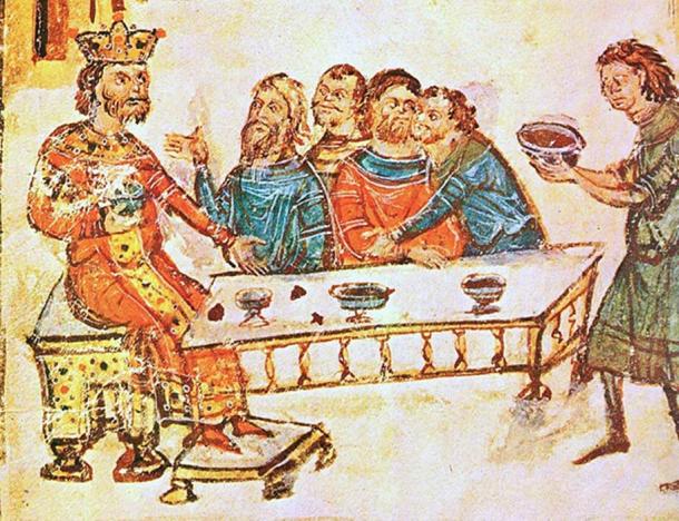 El bÃºlgaro Khan â€˜Krum el temibleâ€™ celebra con sus nobles como un sirviente trae el crÃ¡neo de Nikephoros I, formado en una copa de crÃ¡neo, llena de vino. (Soerfm / Dominio PÃºblico)