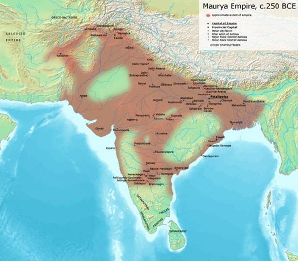 Le vaste empire Mauryan vers 250 av. J.-C. .C. Avantiputra7/Wikimedia Commons, CC BY-SA