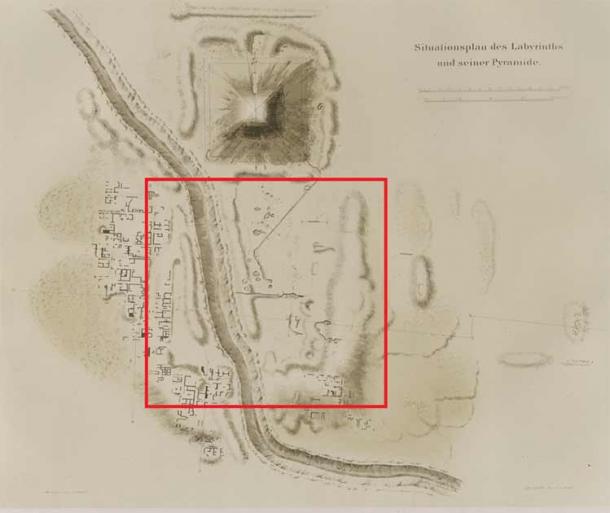 Hawara. La ubicación del laberinto está delineada en rojo (NYPL / Dominio Publico)