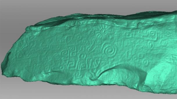 Se muestra un escaneo 3D del monolito peruano en contraste verde claro. El contraste permite ver detalles que eran más difíciles de distinguir en el color verdadero del monolito. (Daniel Fernández-Dávila / Exact Metrology)