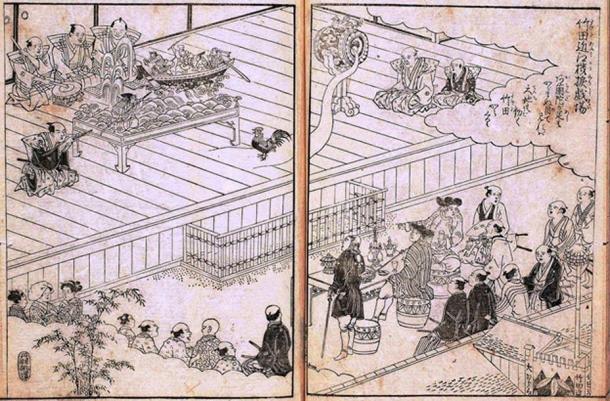 Un teatro de autómatas japoneses en Osaka, dibujado en el siglo XVIII. La familia Takeda abrió su teatro de autómatas en 1662. (Dominio público)