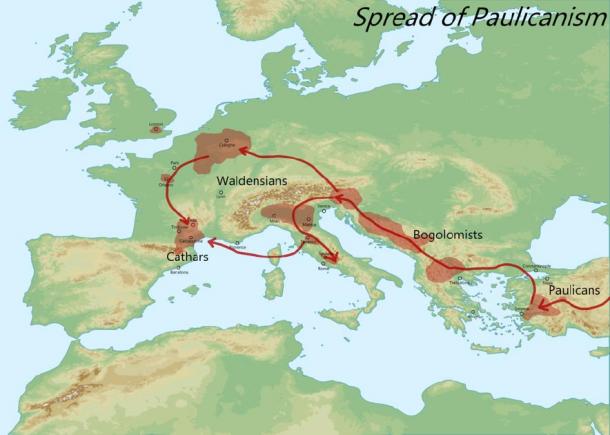 Mapa que muestra la propagación del paulianismo en toda Europa, el comienzo de los cátaros. (Aldan-2 / CC BY-SA 4.0)