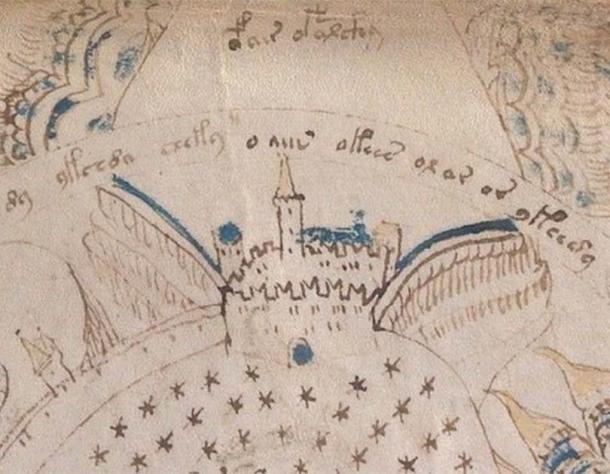Un primer plano de un castillo incrustado en la ilustración. (Biblioteca de la Universidad de Yale/The Conversation)