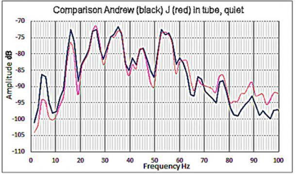 Fig. 2. Frecuencias de resonancia presentes en el pasaje del callejón sin salida cuando estaba dentro (en negro) y cuando J estaba dentro (en rojo). (Imagen: © Andrew Collins 2019)