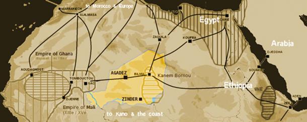 Rutas de comercio de sal del Sahara hacia 1400 con el territorio moderno de NÃ­ger destacado. (T L Miles / Dominio PÃºblico)