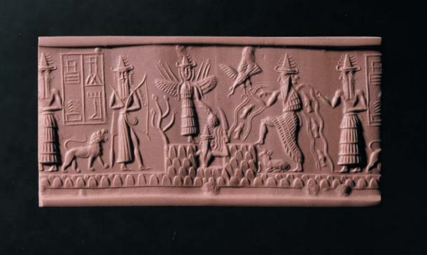 El sello Adda con el dios Ea segundo desde la derecha. (Imagen: Los Fideicomisarios del Museo Británico)