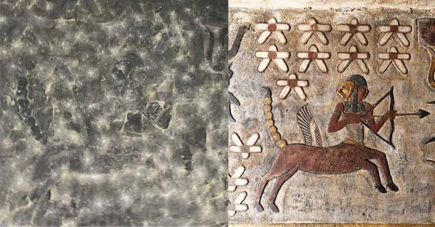 Antes (izquierda) y después (derecha) del trabajo de restauración que reveló el zodíaco en el Templo de Esna. En este ejemplo, el signo zodiacal de Sagitario. Fuente: Ahmed Emam / Ministerio de Turismo y Antigüedades