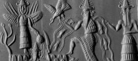 Portada - Detalle del ‘Sello de Adda’. Los personajes pueden ser identificados como dioses por sus sombreros puntiagudos. La figura central con corrientes de agua y peces fluyendo de sus hombros es Ea (versión acadia de Enki), dios de las aguas subterráneas y la sabiduría. En el centro de la escena y saliendo de la tierra está el dios sol Shamash, con un cuchillo en la mano y rayos naciendo de sus hombros. A la izquierda se observa una diosa alada, Ishtar (la Inanna sumeria). 