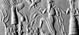 Portada-Detalle del ‘Sello de Adda’. Las figuras pueden ser identificados como dioses por sus sombreros puntiagudos. La figura con corrientes de agua y peces fluyendo de sus hombros es Ea (versión acadia de Enki), dios de las aguas subterráneas y la sabiduría. Museo Británico. (Public Domain)